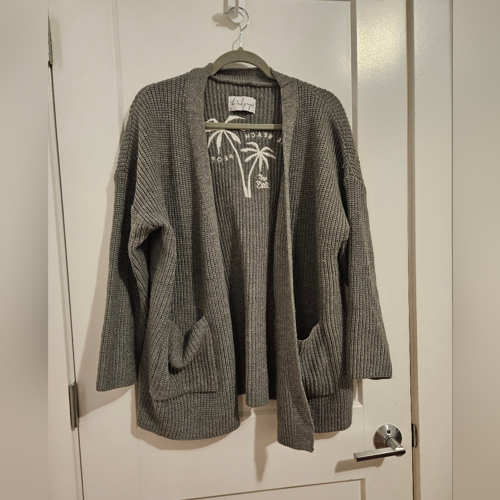 Gray Knit Cardigan with Palm Tree Design
